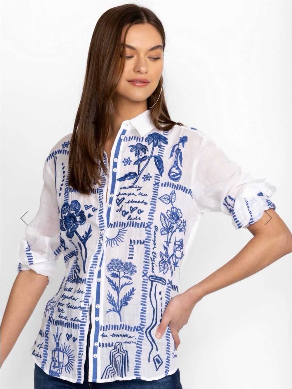🌷Johnny Was BOTANIQUE DOUBLE BUTTON OVERSIZED shirt Button-Up Floral Embroidery